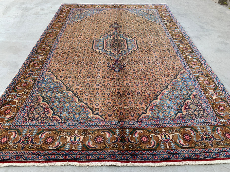 Handmade Persian Wool Area Rug 7x10 - Beige, Blue & Brown Vintage Medallion Persian Style Rug - Exact Size 9'8" x 6'5" - KBHM-756