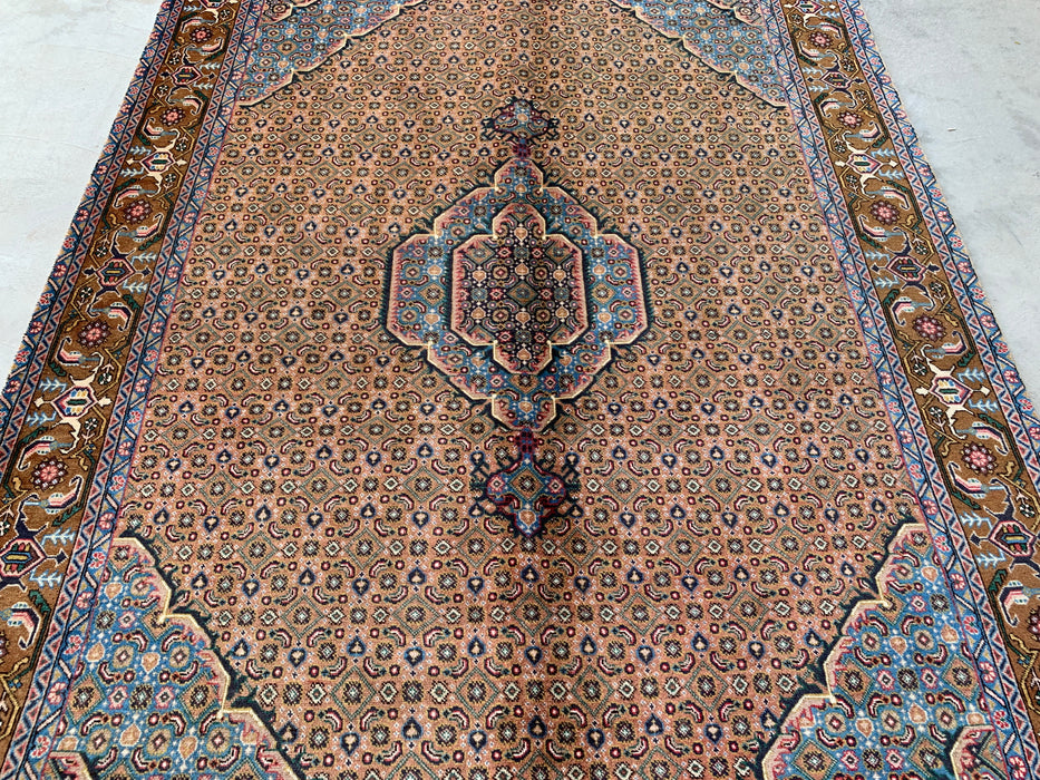 Handmade Persian Wool Area Rug 7x10 - Beige, Blue & Brown Vintage Medallion Persian Style Rug - Exact Size 9'8" x 6'5" - KBHM-756