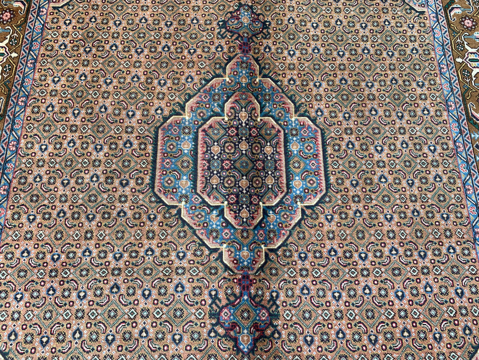 Handmade Persian Wool Area Rug 7x10 - Beige, Blue & Brown Vintage Medallion Persian Style Rug - Exact Size 9'8" x 6'5" - KBHM-756