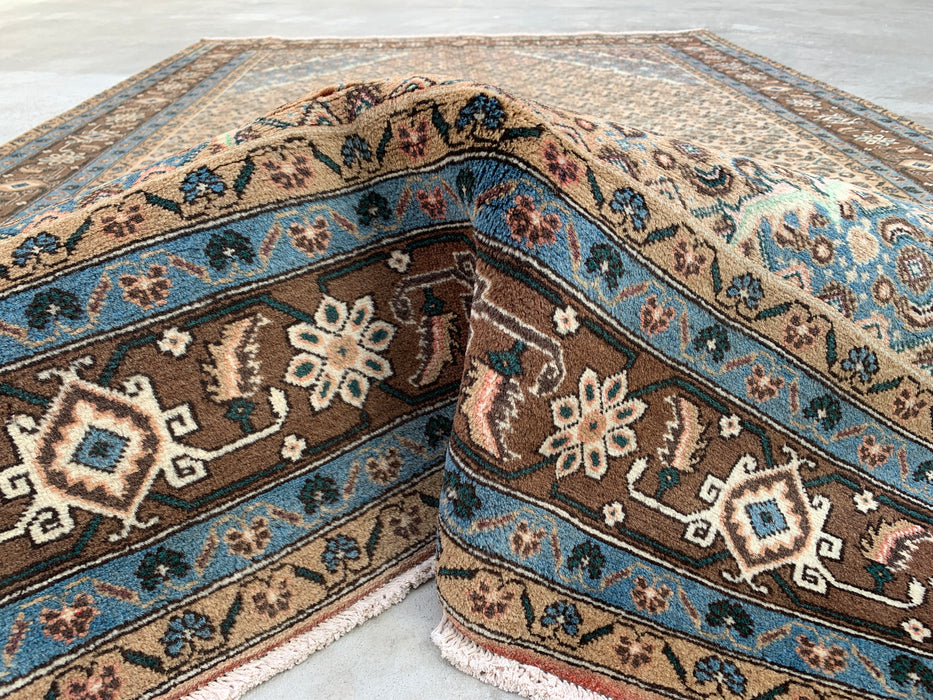 Handmade Persian Wool Area Rug 7x10 - Beige, Blue & Brown Vintage Medallion Persian Style Rug - Exact Size 9'9" x 6'4" - KBHM-757