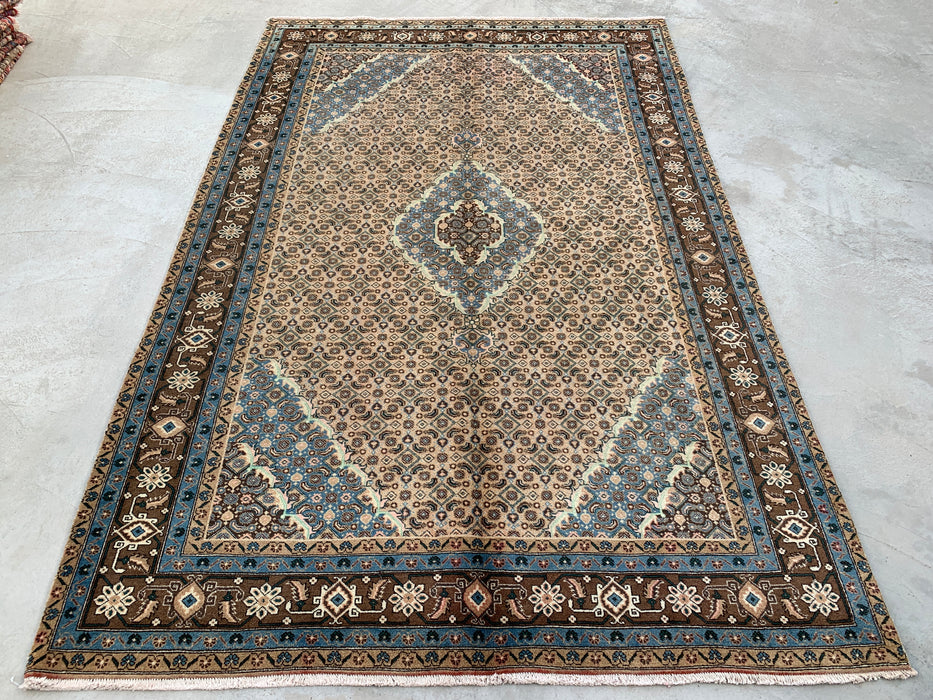 Handmade Persian Wool Area Rug 7x10 - Beige, Blue & Brown Vintage Medallion Persian Style Rug - Exact Size 9'9" x 6'4" - KBHM-757