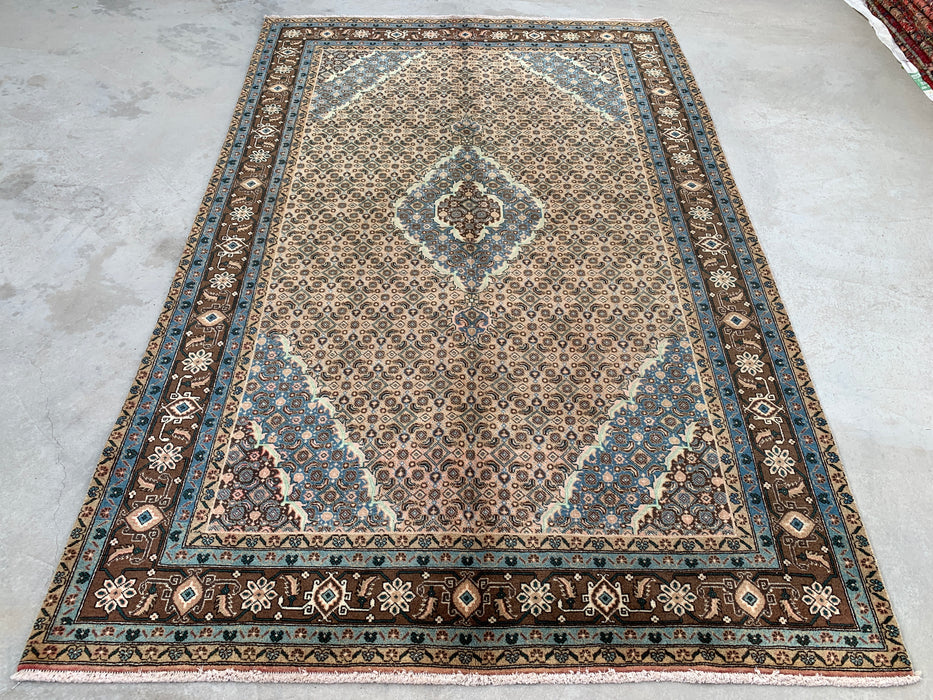 Handmade Persian Wool Area Rug 7x10 - Beige, Blue & Brown Vintage Medallion Persian Style Rug - Exact Size 9'9" x 6'4" - KBHM-757