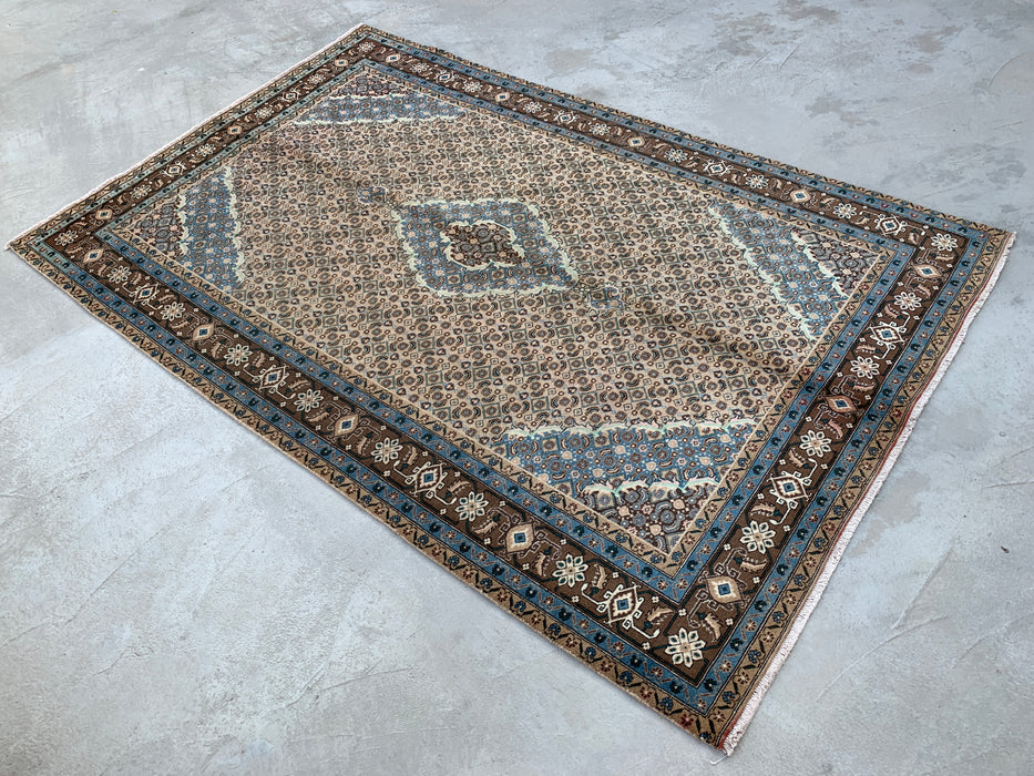 Handmade Persian Wool Area Rug 7x10 - Beige, Blue & Brown Vintage Medallion Persian Style Rug - Exact Size 9'9" x 6'4" - KBHM-757