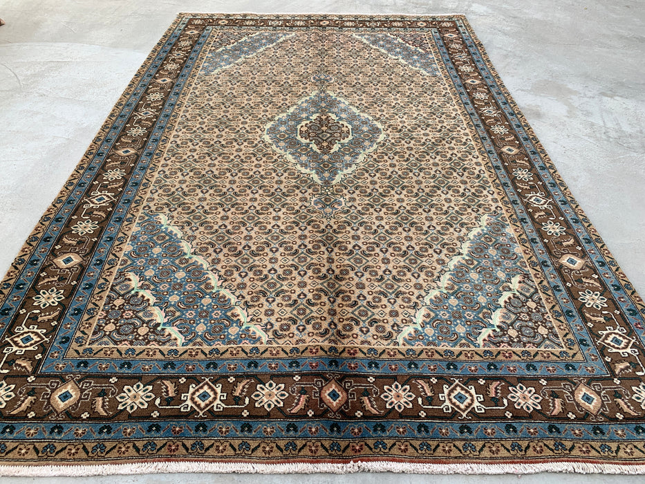Handmade Persian Wool Area Rug 7x10 - Beige, Blue & Brown Vintage Medallion Persian Style Rug - Exact Size 9'9" x 6'4" - KBHM-757