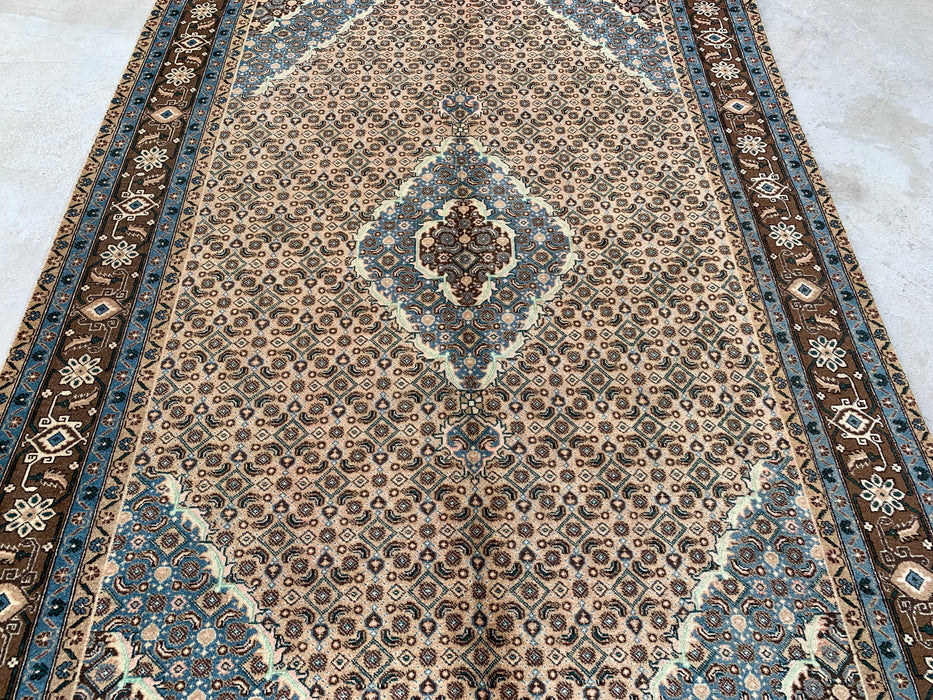 Handmade Persian Wool Area Rug 7x10 - Beige, Blue & Brown Vintage Medallion Persian Style Rug - Exact Size 9'9" x 6'4" - KBHM-757