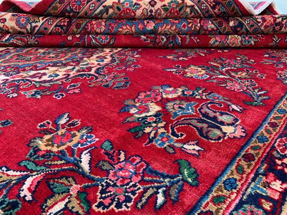 12'2" x 8'10" Hand-Knotted Persian Wool Rug – Red, Ivory & Navy Floral Medallion Design – KBHM-758