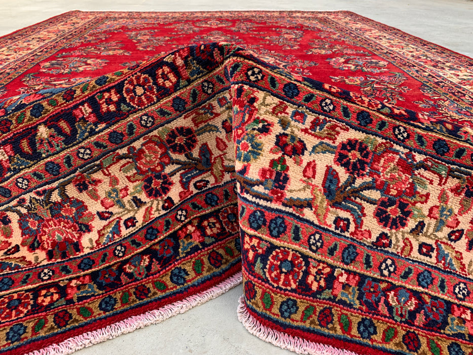 12'2" x 8'10" Hand-Knotted Persian Wool Rug – Red, Ivory & Navy Floral Medallion Design – KBHM-758