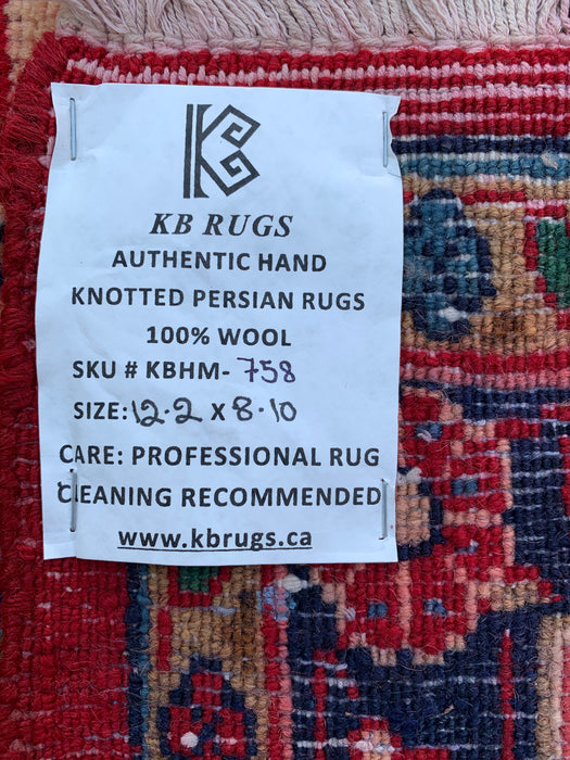 12'2" x 8'10" Hand-Knotted Persian Wool Rug – Red, Ivory & Navy Floral Medallion Design – KBHM-758