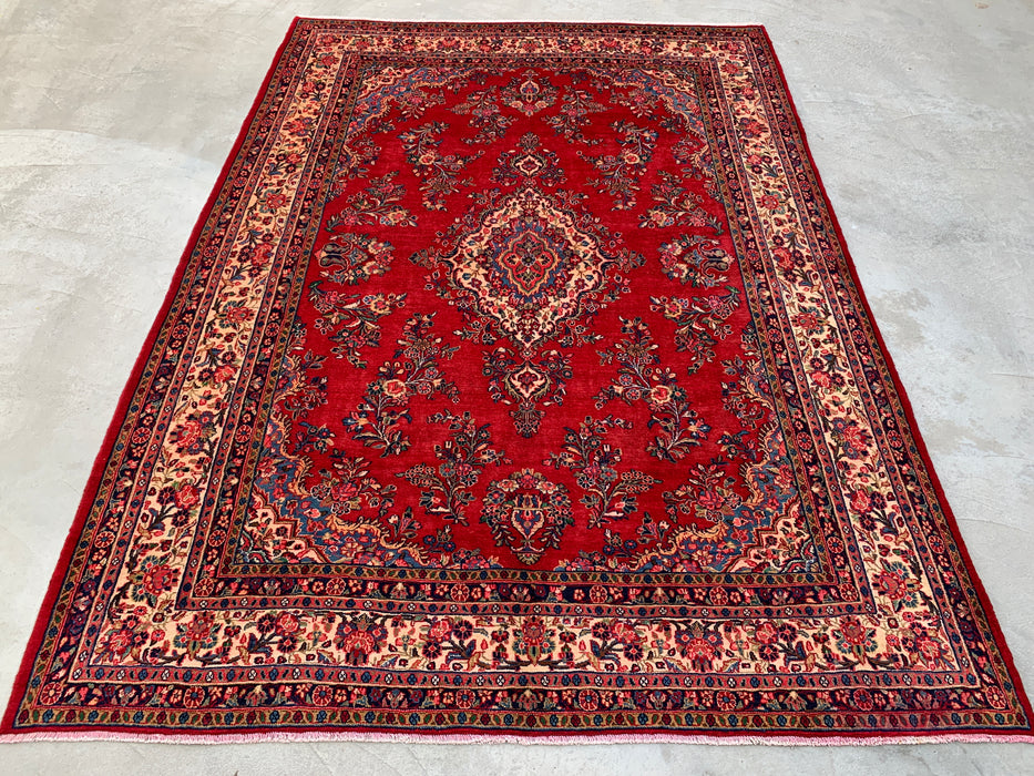 12'2" x 8'10" Hand-Knotted Persian Wool Rug – Red, Ivory & Navy Floral Medallion Design – KBHM-758