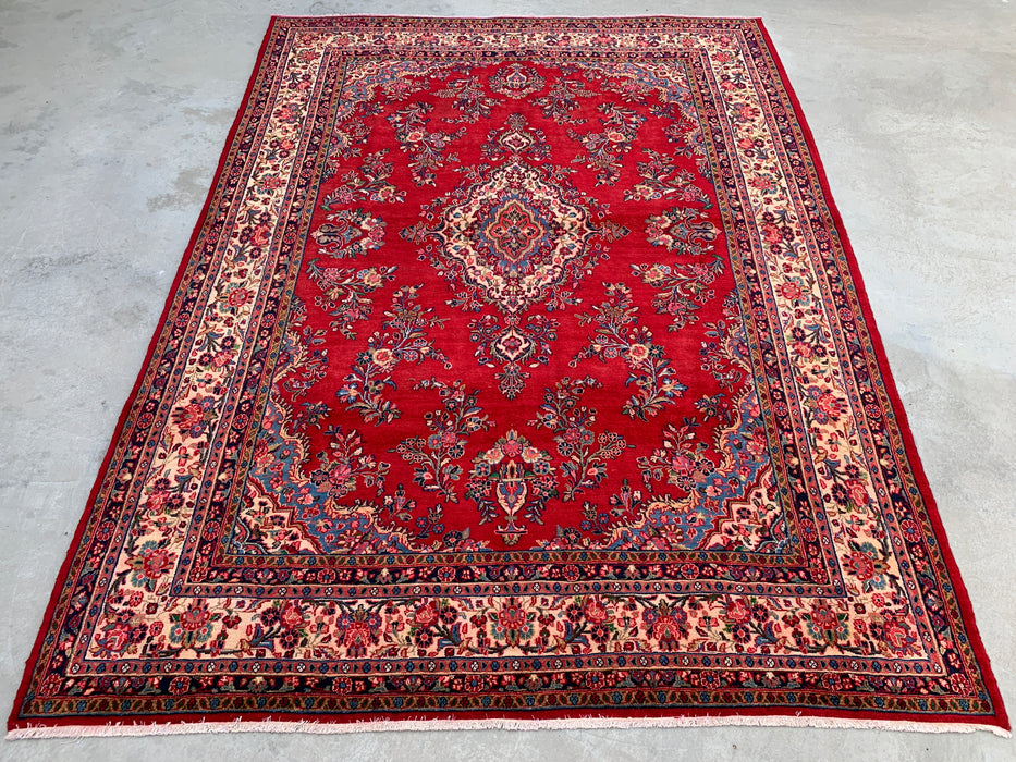 12'2" x 8'10" Hand-Knotted Persian Wool Rug – Red, Ivory & Navy Floral Medallion Design – KBHM-758