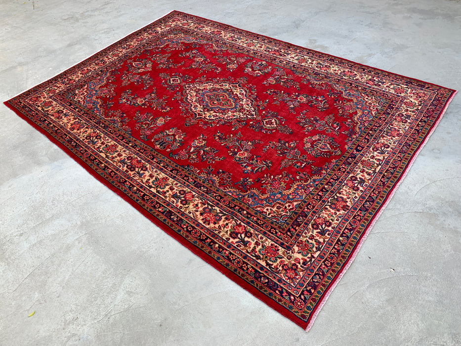 12'2" x 8'10" Hand-Knotted Persian Wool Rug – Red, Ivory & Navy Floral Medallion Design – KBHM-758
