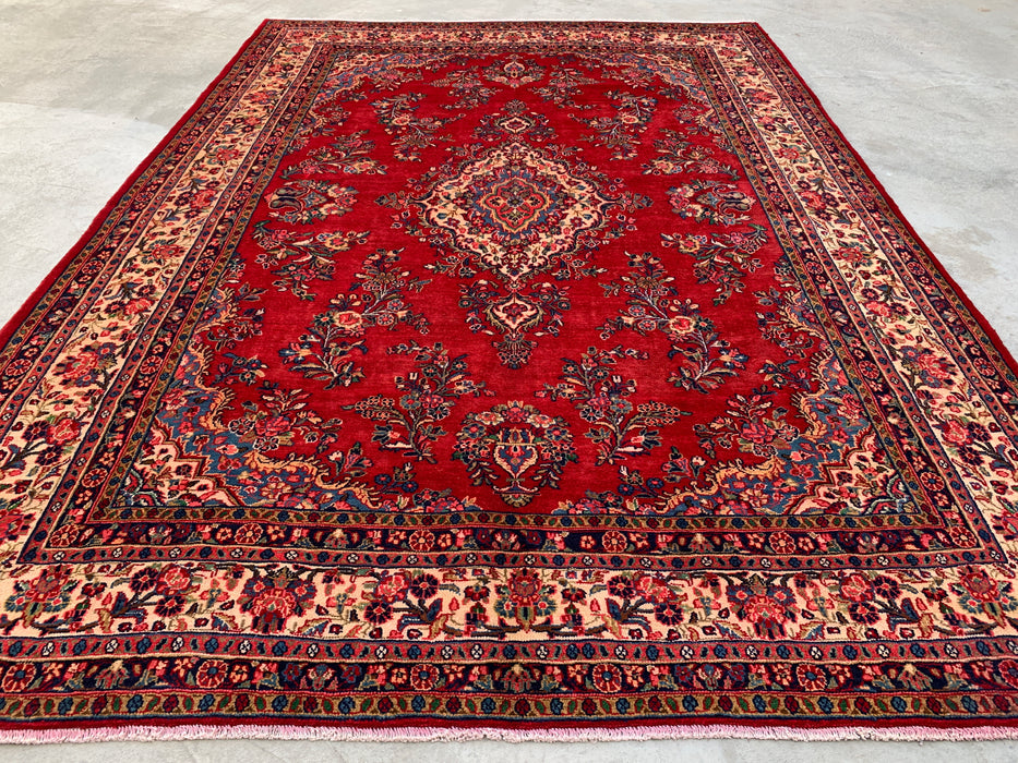 12'2" x 8'10" Hand-Knotted Persian Wool Rug – Red, Ivory & Navy Floral Medallion Design – KBHM-758