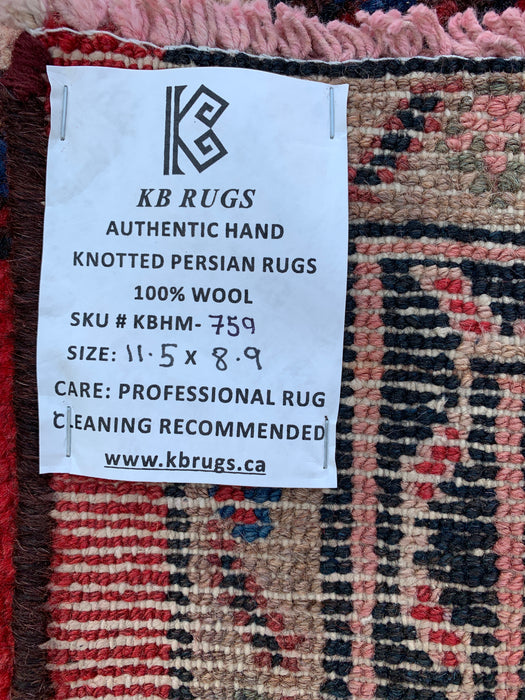 11'5" x 8'9" Hand-Knotted Persian Wool Rug – Red, Ivory & Blue Floral Medallion Design – KBHM-759