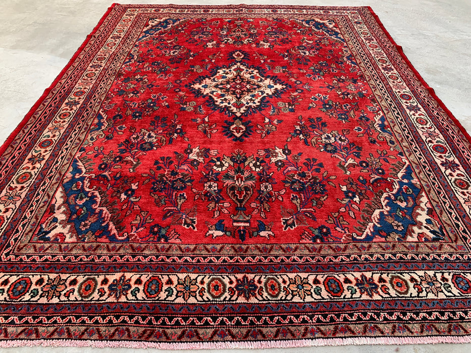 11'5" x 8'9" Hand-Knotted Persian Wool Rug – Red, Ivory & Blue Floral Medallion Design – KBHM-759