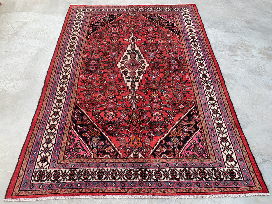 10'1" x 7'2" Hand-Knotted Persian Wool Rug – Red, Ivory & Navy Geometric Medallion Design – KBHM-760