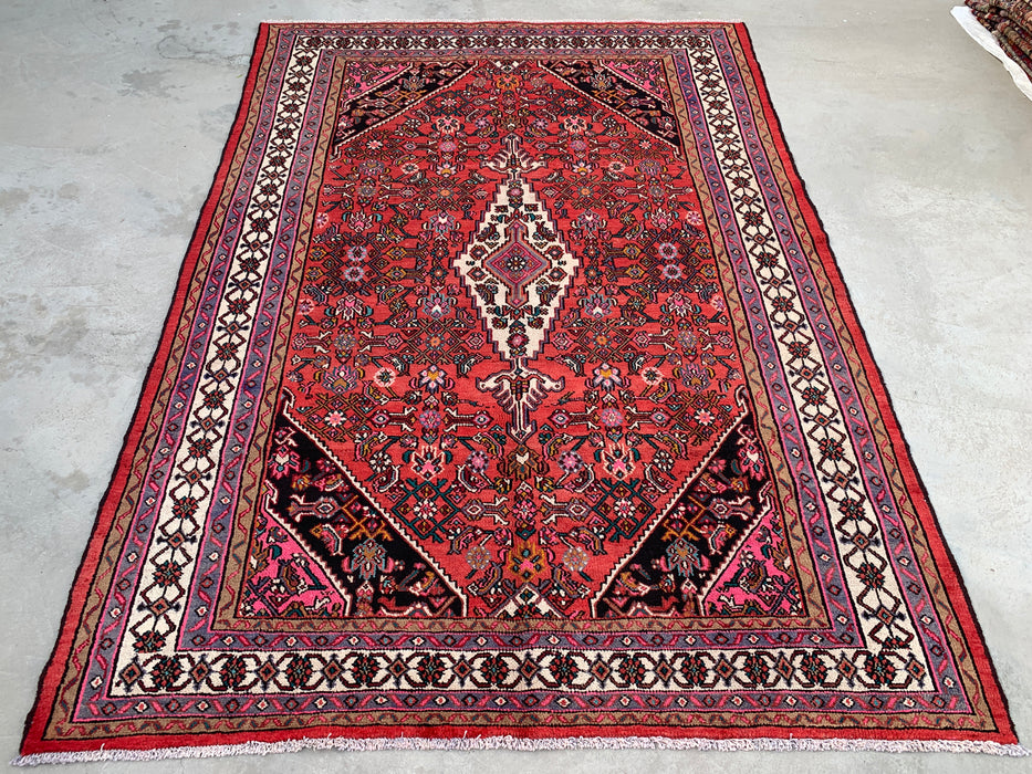 10'1" x 7'2" Hand-Knotted Persian Wool Rug – Red, Ivory & Navy Geometric Medallion Design – KBHM-760
