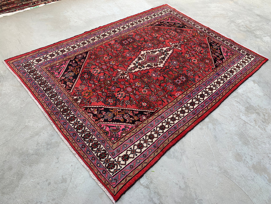 10'1" x 7'2" Hand-Knotted Persian Wool Rug – Red, Ivory & Navy Geometric Medallion Design – KBHM-760