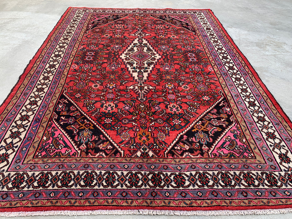 10'1" x 7'2" Hand-Knotted Persian Wool Rug – Red, Ivory & Navy Geometric Medallion Design – KBHM-760
