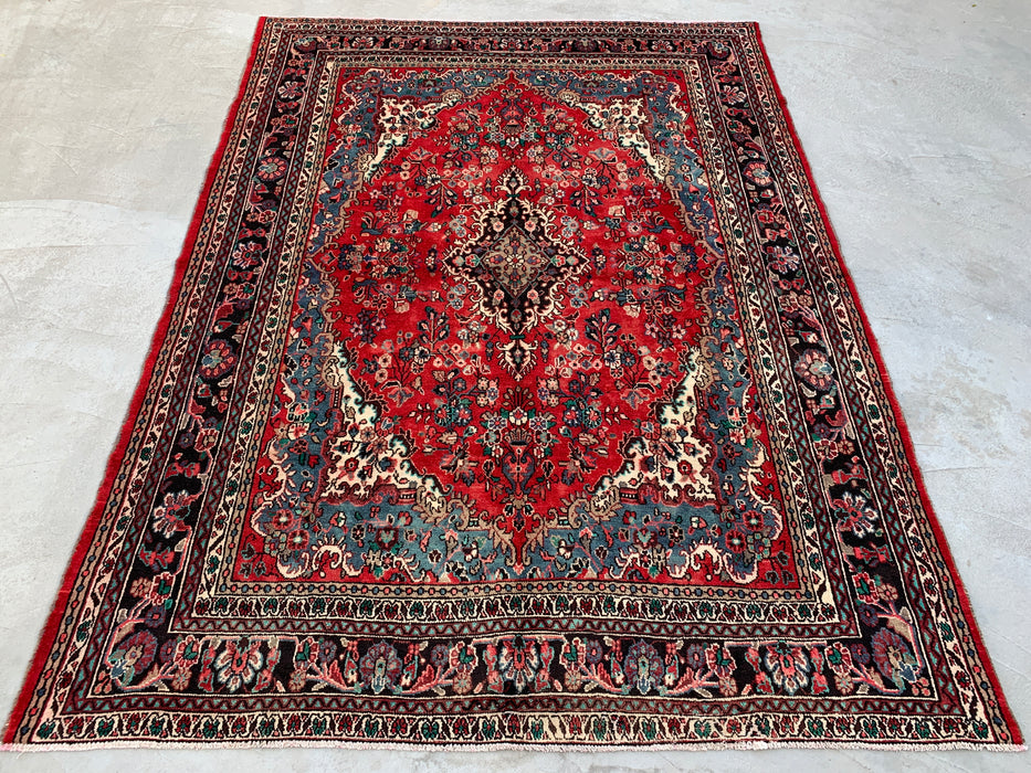 11'5" x 8'6" Hand-Knotted Persian Wool Rug – Red, Ivory & Blue Floral Medallion Design – KBHM-761