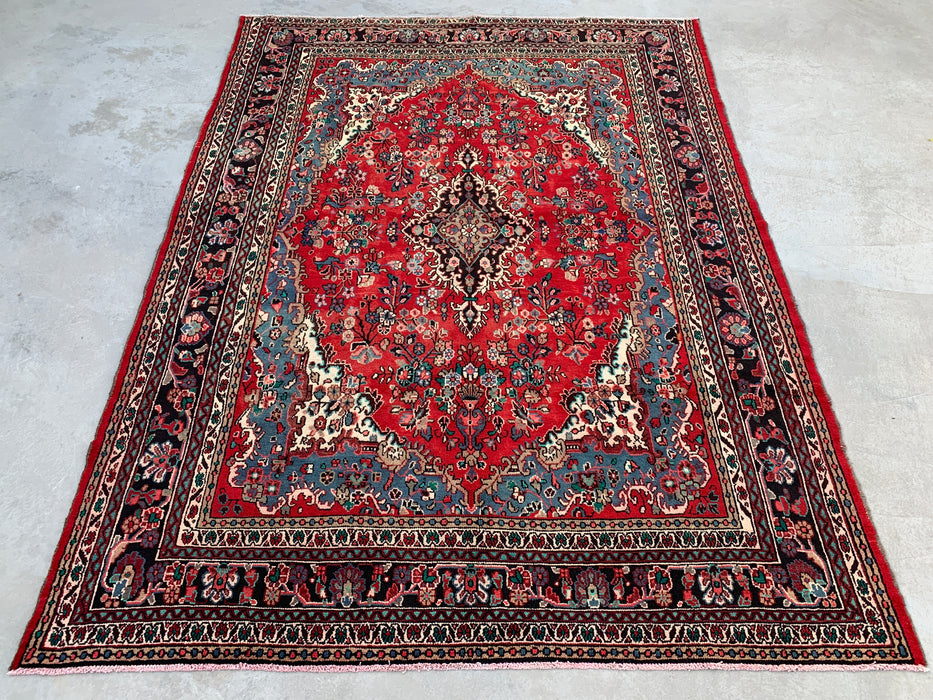 11'5" x 8'6" Hand-Knotted Persian Wool Rug – Red, Ivory & Blue Floral Medallion Design – KBHM-761