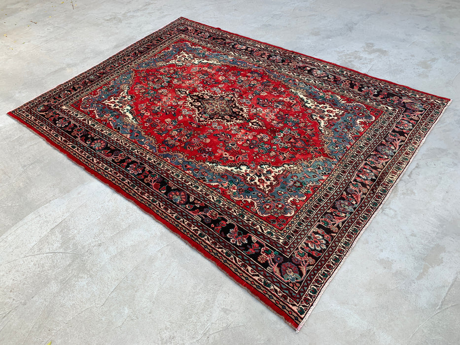 11'5" x 8'6" Hand-Knotted Persian Wool Rug – Red, Ivory & Blue Floral Medallion Design – KBHM-761