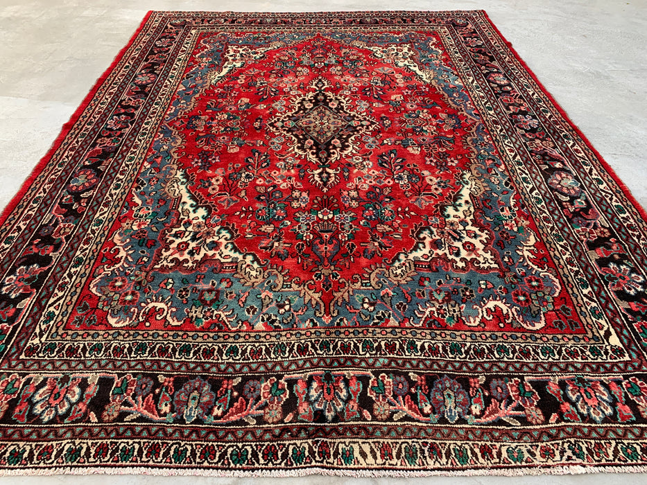 11'5" x 8'6" Hand-Knotted Persian Wool Rug – Red, Ivory & Blue Floral Medallion Design – KBHM-761