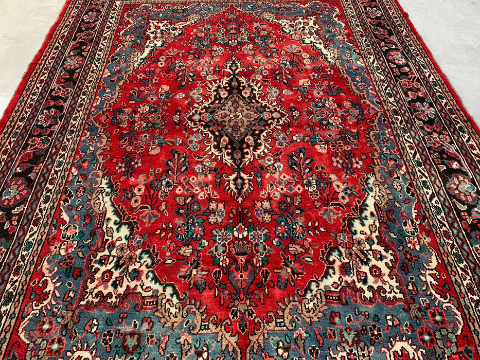 11'5" x 8'6" Hand-Knotted Persian Wool Rug – Red, Ivory & Blue Floral Medallion Design – KBHM-761