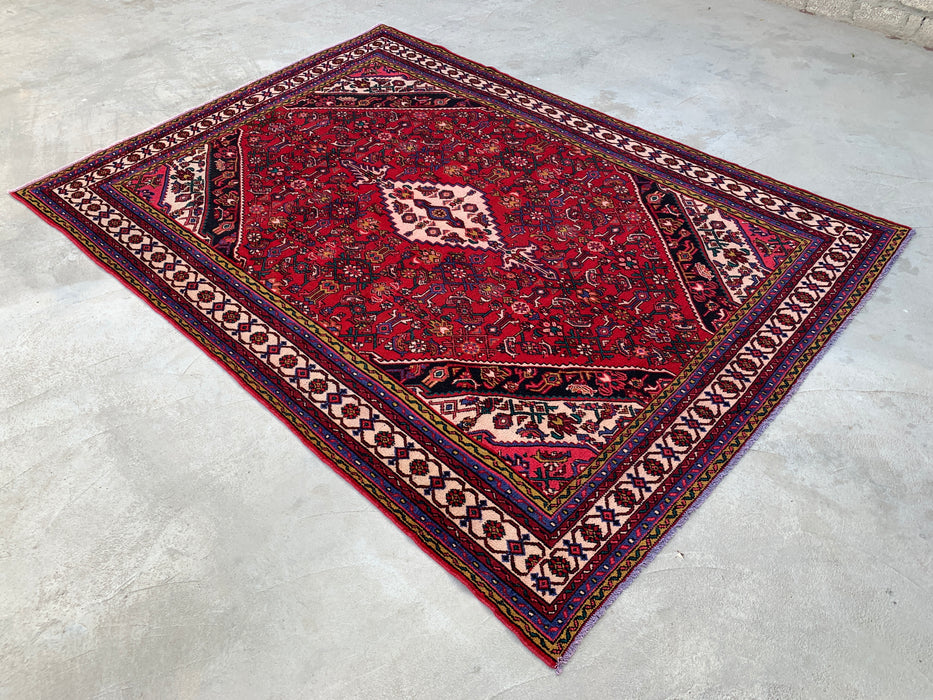 11'6" x 8'5" Hand-Knotted Persian Wool Rug – Red, Ivory & Navy Tribal Medallion Design – KBHM-762
