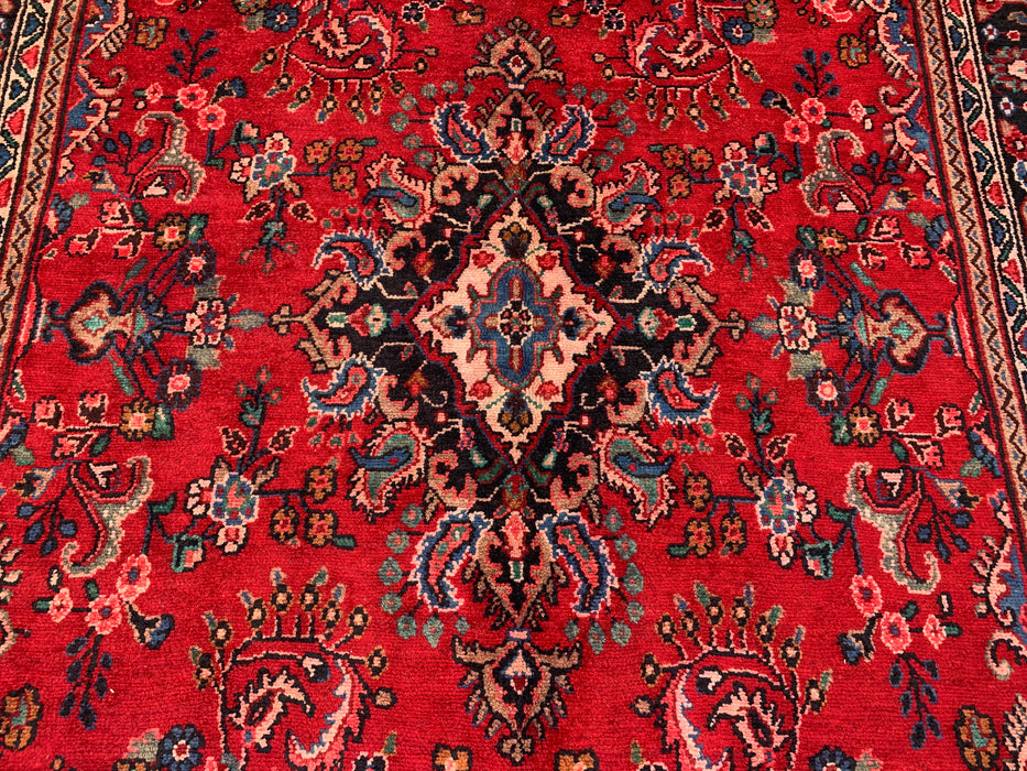 Handmade Persian Wool Area Rug 7x10 - Red, Navy & Ivory Floral Medallion Persian Style Rug - Exact Size 9'9" x 7'0" - KBHM-763