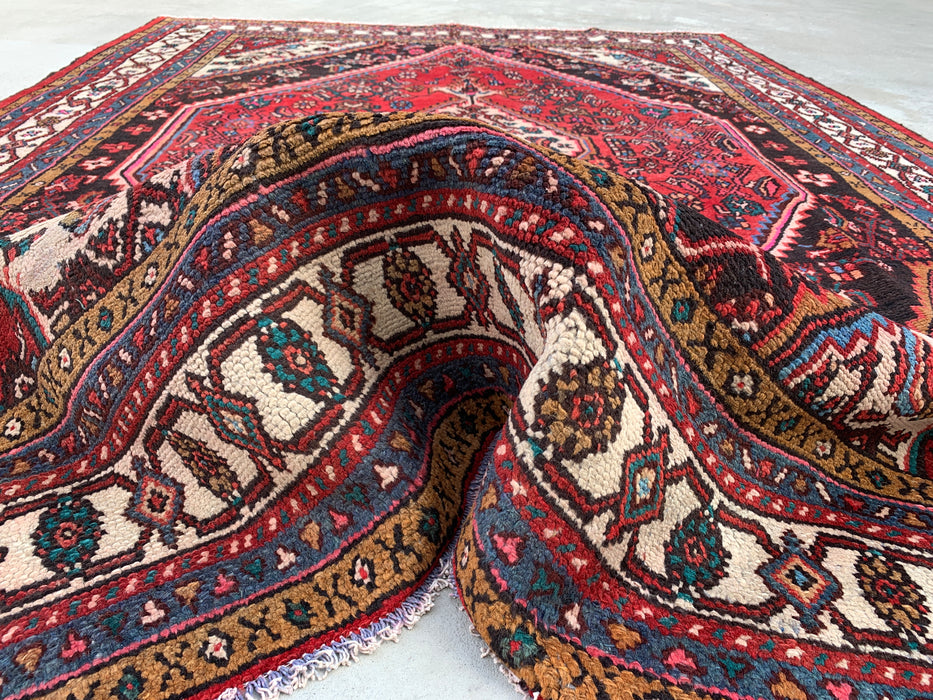 9'10" x 8'0" Hand-Knotted Persian Wool Rug – Red, Ivory & Navy Tribal Medallion Design – KBHM-764