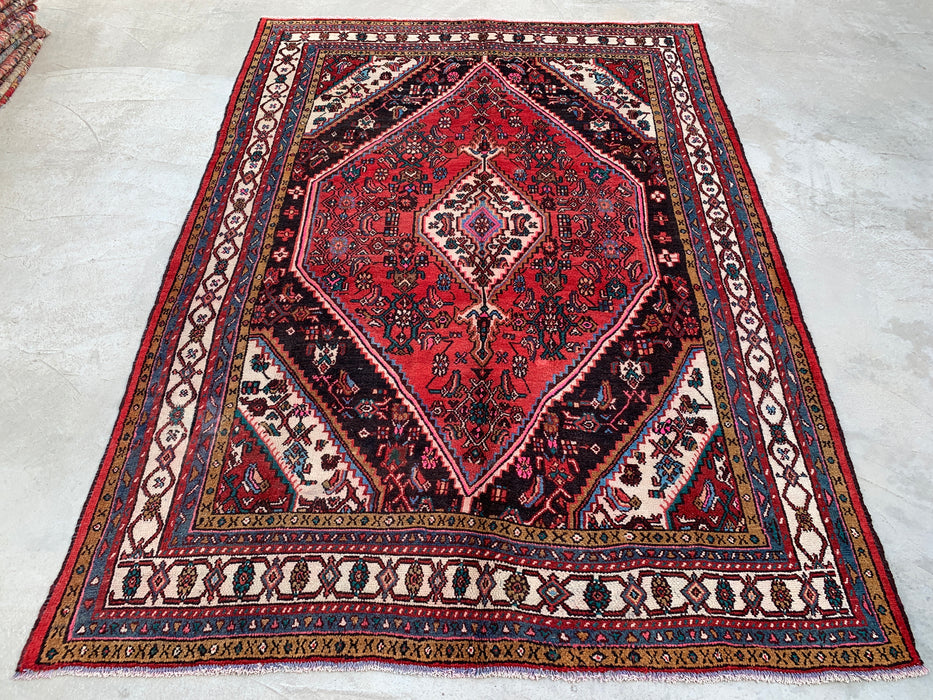 9'10" x 8'0" Hand-Knotted Persian Wool Rug – Red, Ivory & Navy Tribal Medallion Design – KBHM-764