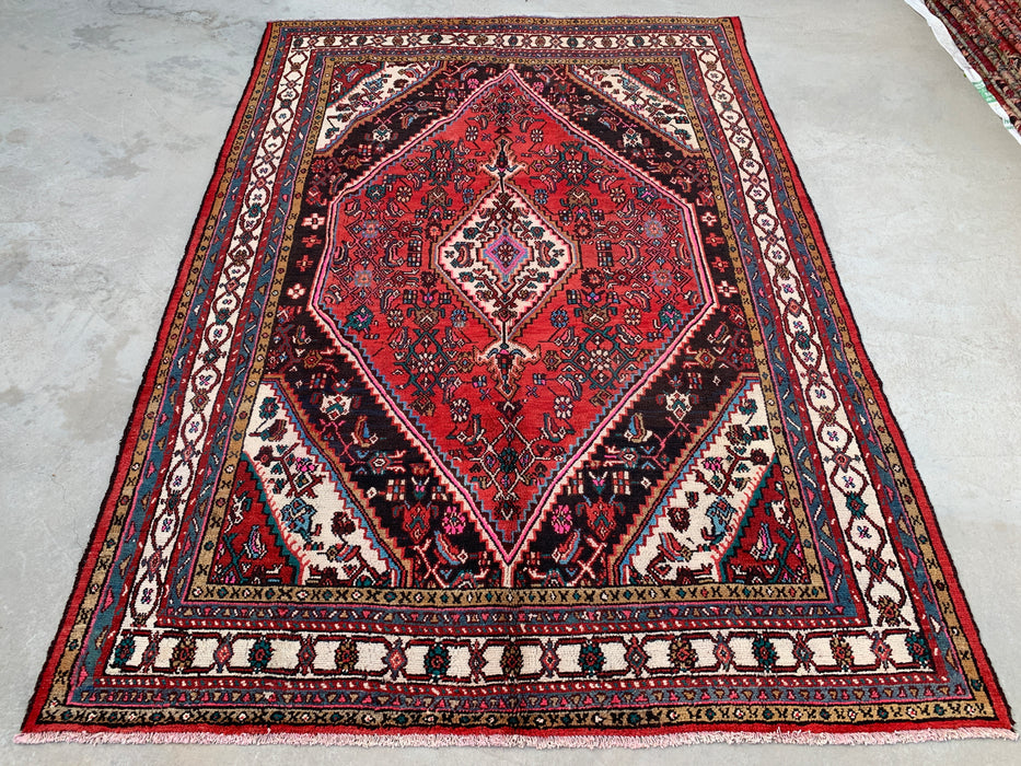 9'10" x 8'0" Hand-Knotted Persian Wool Rug – Red, Ivory & Navy Tribal Medallion Design – KBHM-764