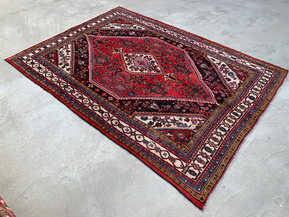 9'10" x 8'0" Hand-Knotted Persian Wool Rug – Red, Ivory & Navy Tribal Medallion Design – KBHM-764