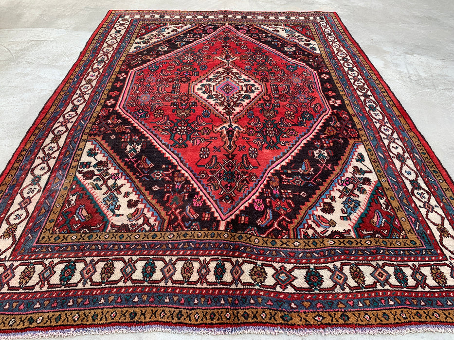 9'10" x 8'0" Hand-Knotted Persian Wool Rug – Red, Ivory & Navy Tribal Medallion Design – KBHM-764