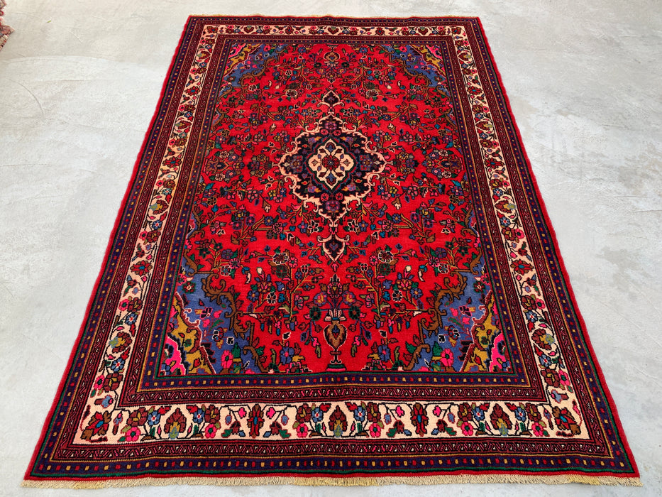 Handmade Persian Wool Area Rug 7x10 - Red, Navy & Ivory Floral Medallion Persian Style Rug - Exact Size 9'11" x 6'8" - KBHM-766