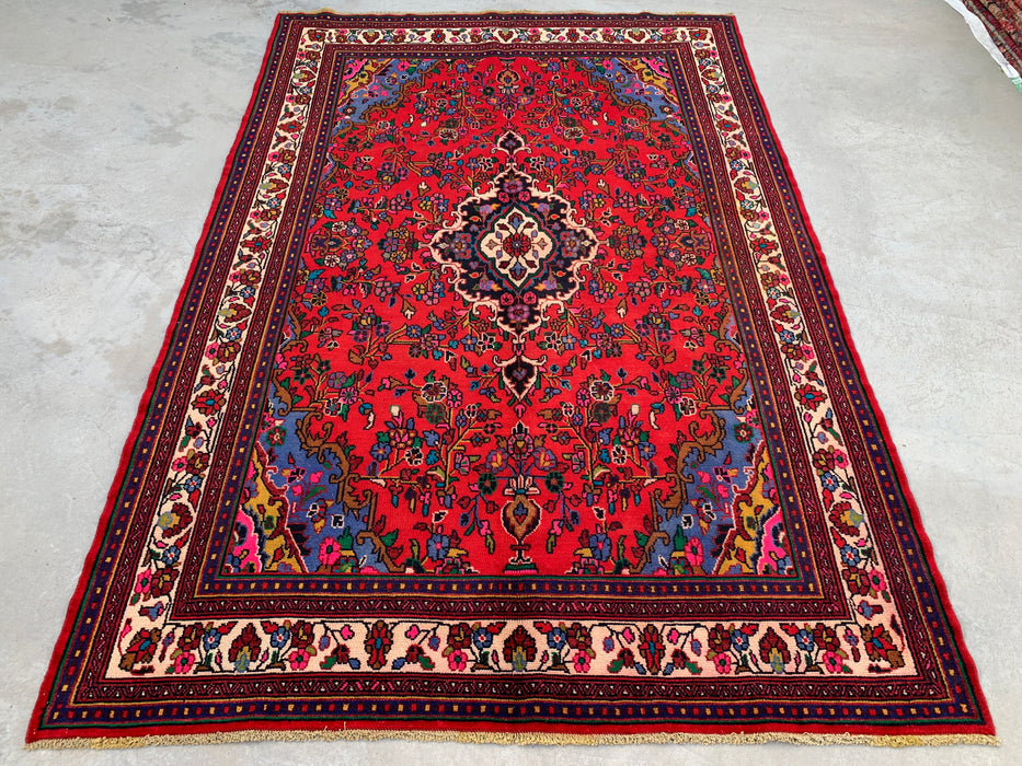 Handmade Persian Wool Area Rug 7x10 - Red, Navy & Ivory Floral Medallion Persian Style Rug - Exact Size 9'11" x 6'8" - KBHM-766