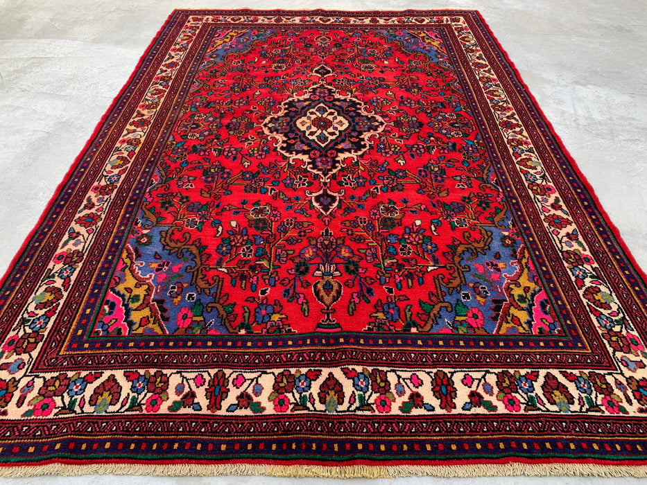 Handmade Persian Wool Area Rug 7x10 - Red, Navy & Ivory Floral Medallion Persian Style Rug - Exact Size 9'11" x 6'8" - KBHM-766