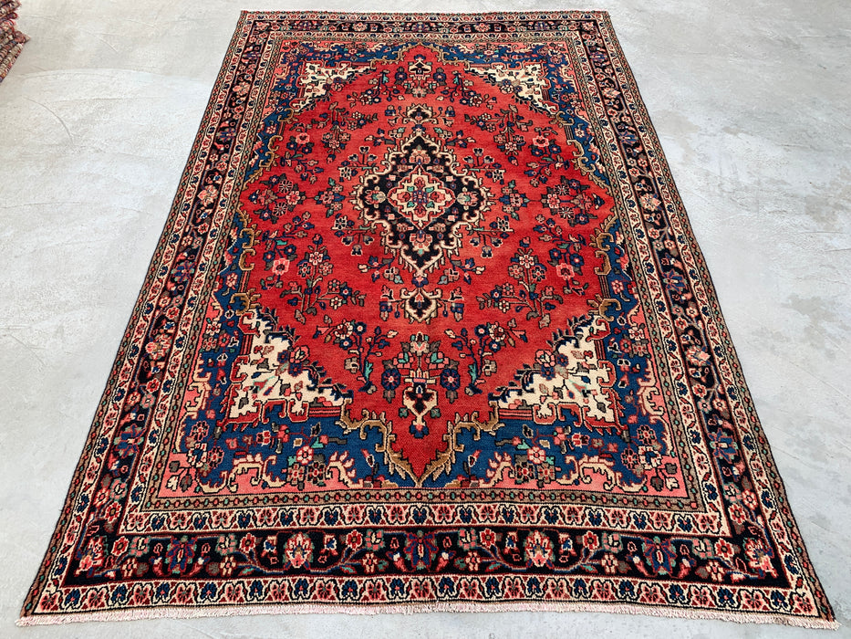 Handmade Persian Wool Area Rug 7x10 - Red, Blue & Ivory Floral Medallion Persian Style Rug - Exact Size 10'3" x 6'9" - KBHM-767