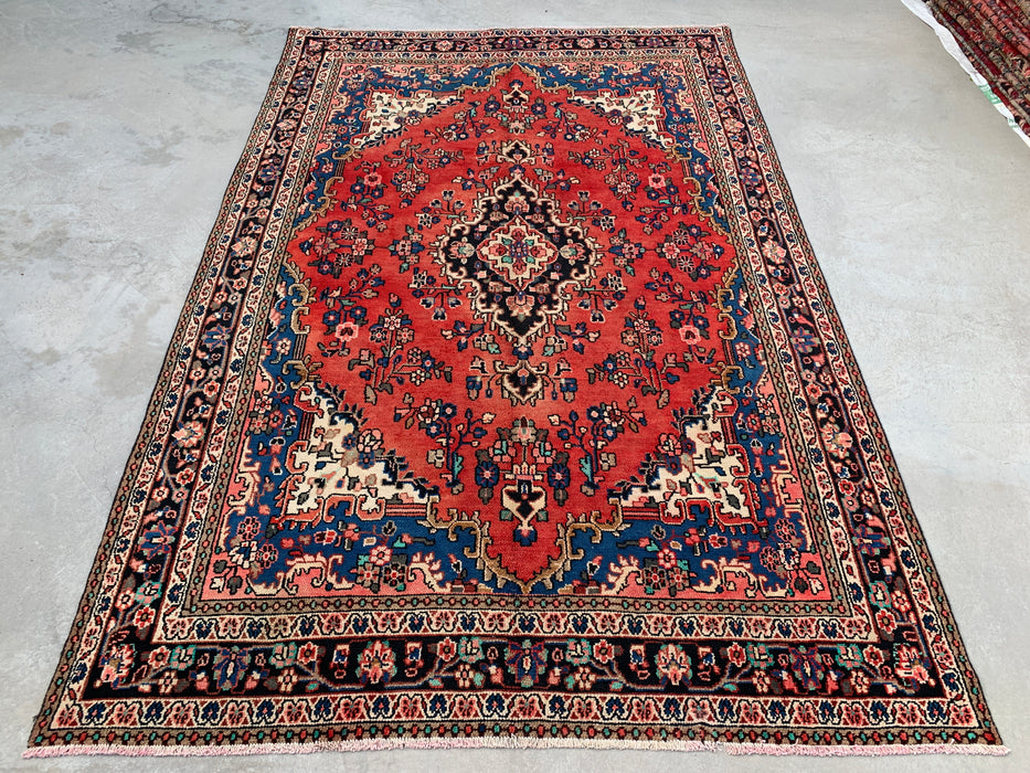 Handmade Persian Wool Area Rug 7x10 - Red, Blue & Ivory Floral Medallion Persian Style Rug - Exact Size 10'3" x 6'9" - KBHM-767