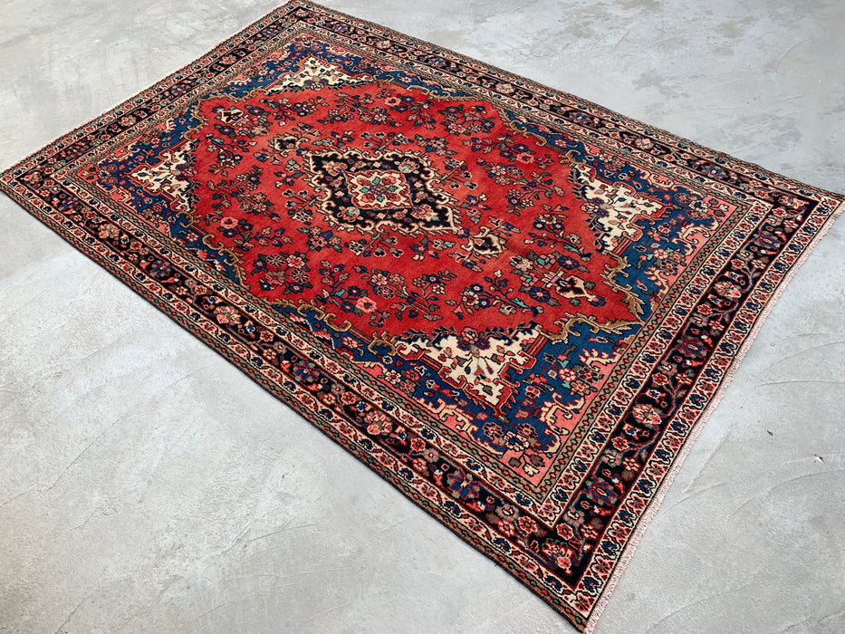 Handmade Persian Wool Area Rug 7x10 - Red, Blue & Ivory Floral Medallion Persian Style Rug - Exact Size 10'3" x 6'9" - KBHM-767