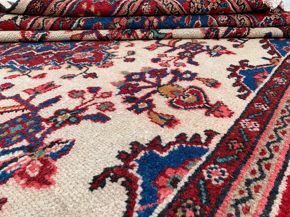 Handmade Persian Wool Area Rug 7x10 - Ivory, Red & Blue Floral Medallion Persian Style Rug - Exact Size 9'7" x 6'11" - KBHM-768