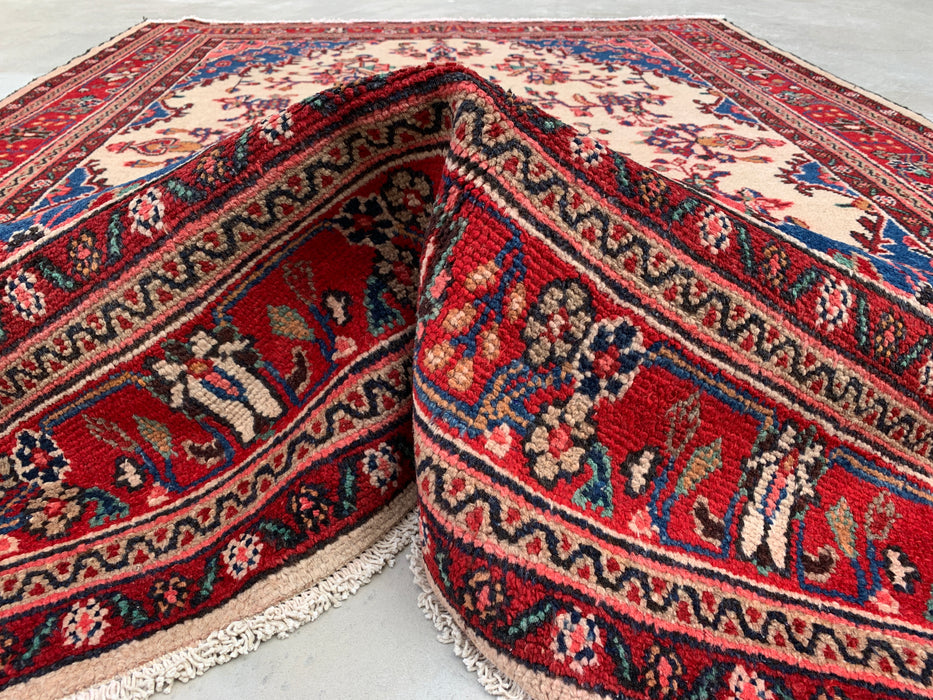 Handmade Persian Wool Area Rug 7x10 - Ivory, Red & Blue Floral Medallion Persian Style Rug - Exact Size 9'7" x 6'11" - KBHM-768