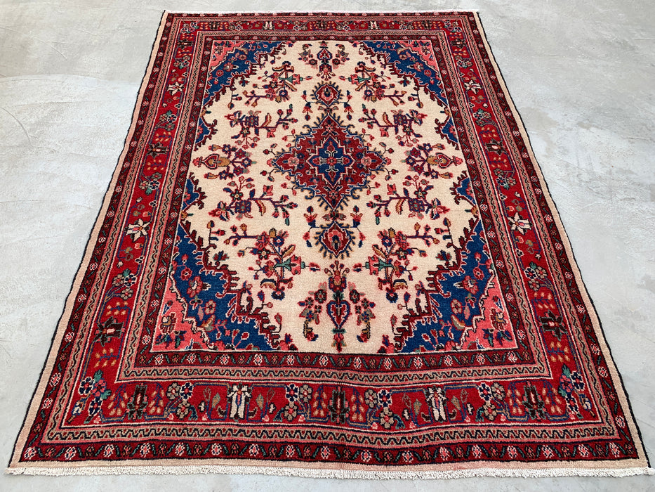 Handmade Persian Wool Area Rug 7x10 - Ivory, Red & Blue Floral Medallion Persian Style Rug - Exact Size 9'7" x 6'11" - KBHM-768