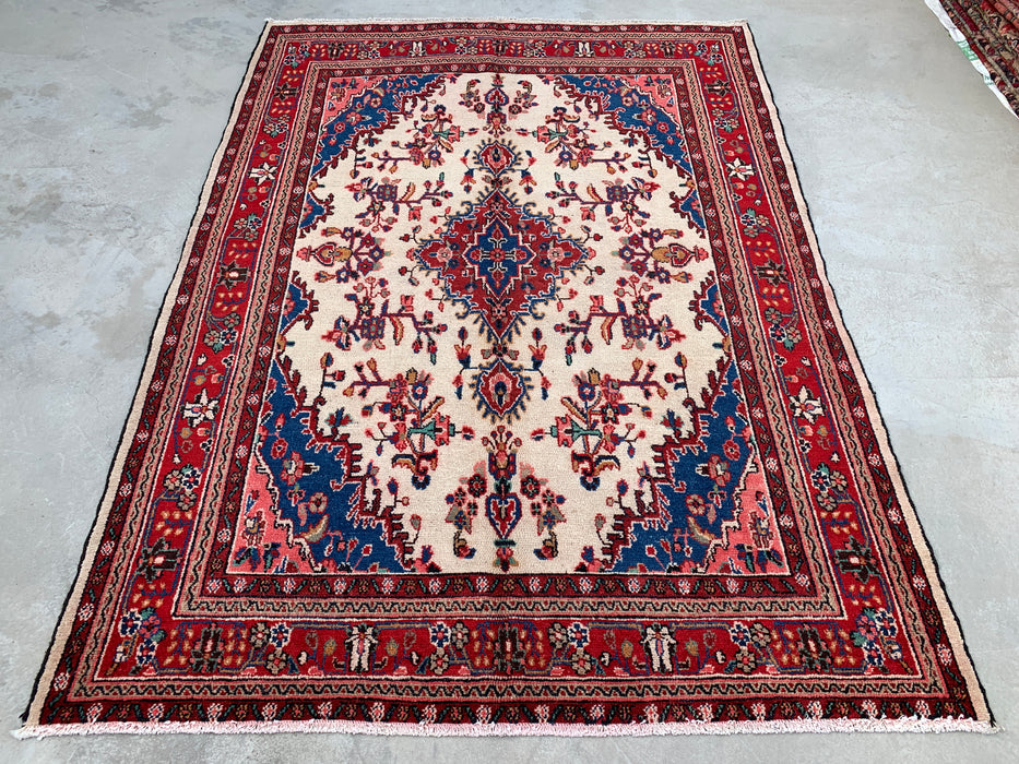 Handmade Persian Wool Area Rug 7x10 - Ivory, Red & Blue Floral Medallion Persian Style Rug - Exact Size 9'7" x 6'11" - KBHM-768