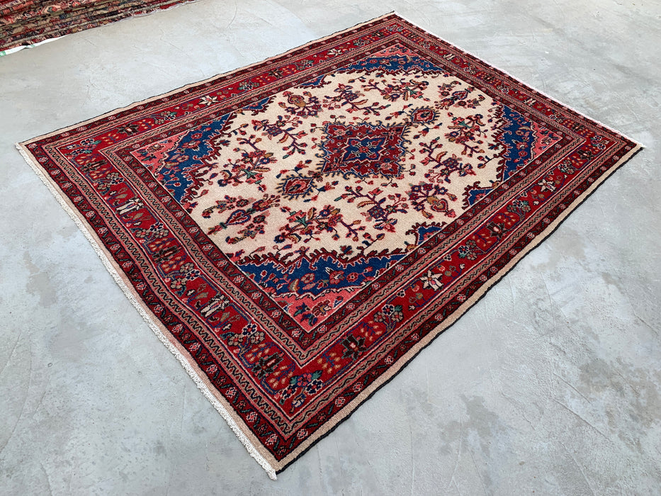 Handmade Persian Wool Area Rug 7x10 - Ivory, Red & Blue Floral Medallion Persian Style Rug - Exact Size 9'7" x 6'11" - KBHM-768