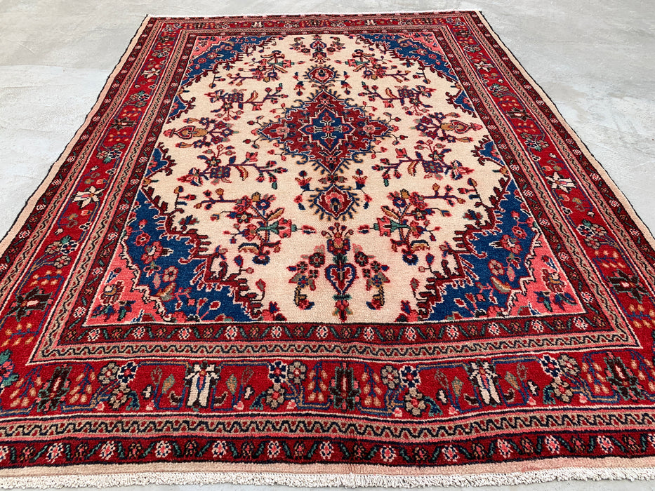 Handmade Persian Wool Area Rug 7x10 - Ivory, Red & Blue Floral Medallion Persian Style Rug - Exact Size 9'7" x 6'11" - KBHM-768
