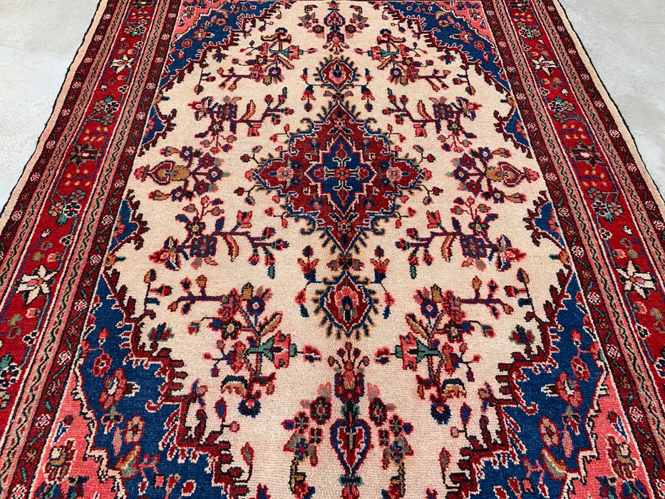 Handmade Persian Wool Area Rug 7x10 - Ivory, Red & Blue Floral Medallion Persian Style Rug - Exact Size 9'7" x 6'11" - KBHM-768