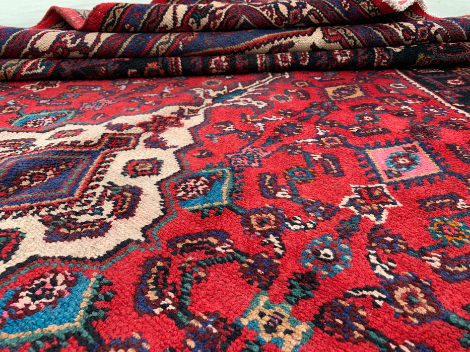 10'1" x 7'0" Hand-Knotted Persian Wool Rug – Red, Ivory & Navy Tribal Medallion Design – KBHM-769