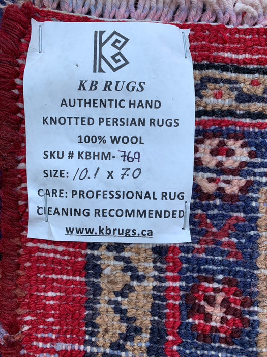 10'1" x 7'0" Hand-Knotted Persian Wool Rug – Red, Ivory & Navy Tribal Medallion Design – KBHM-769