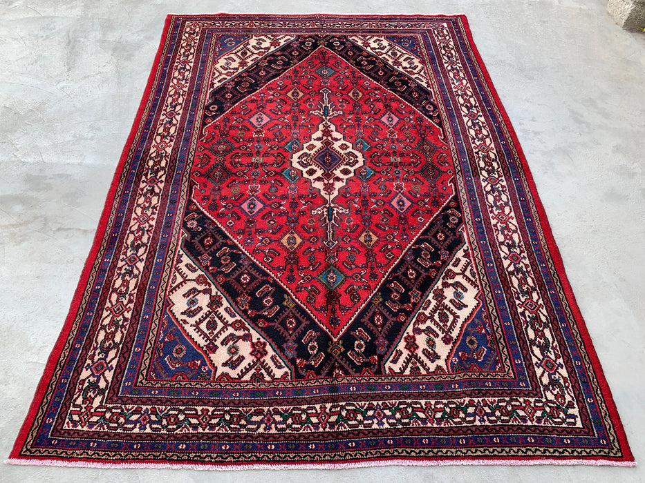 10'1" x 7'0" Hand-Knotted Persian Wool Rug – Red, Ivory & Navy Tribal Medallion Design – KBHM-769